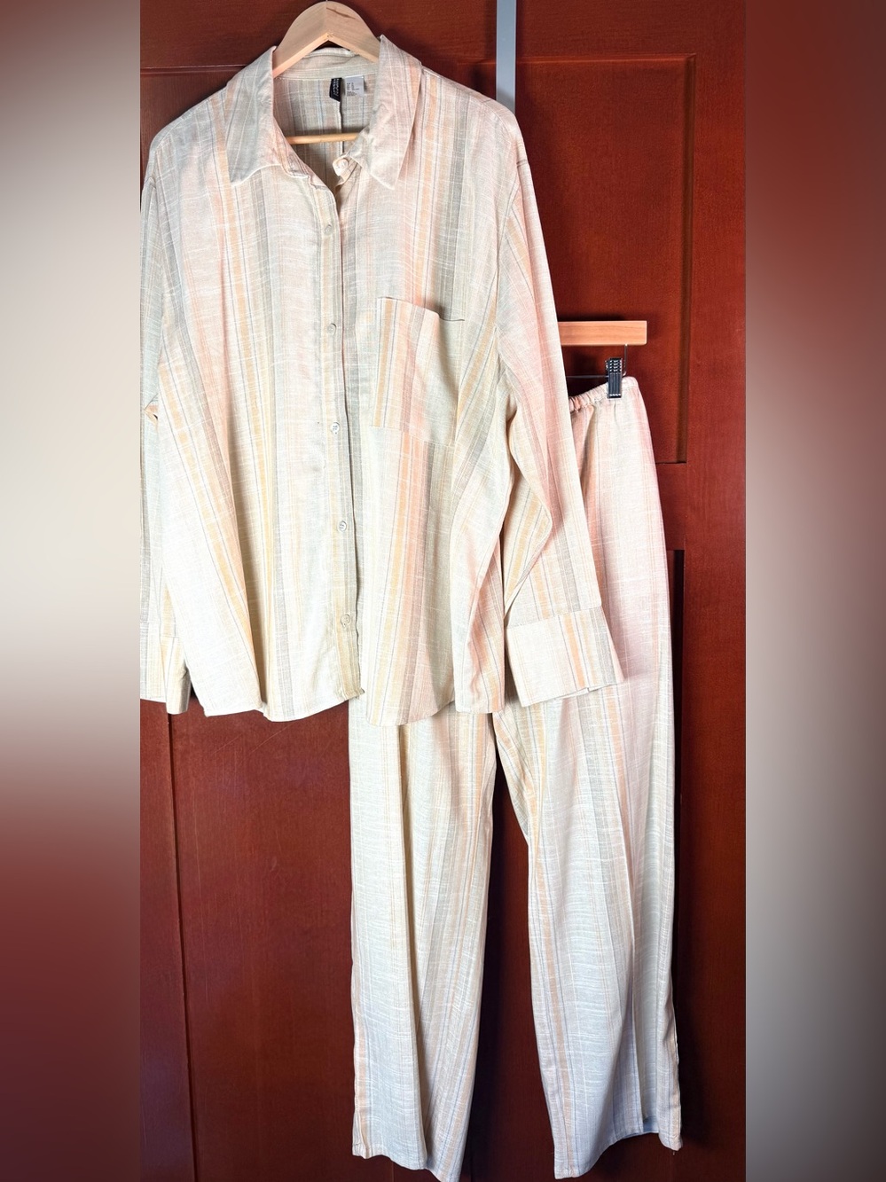 H&M Divided XL Linen Blend Striped Shirt Pants Matching Set NWT